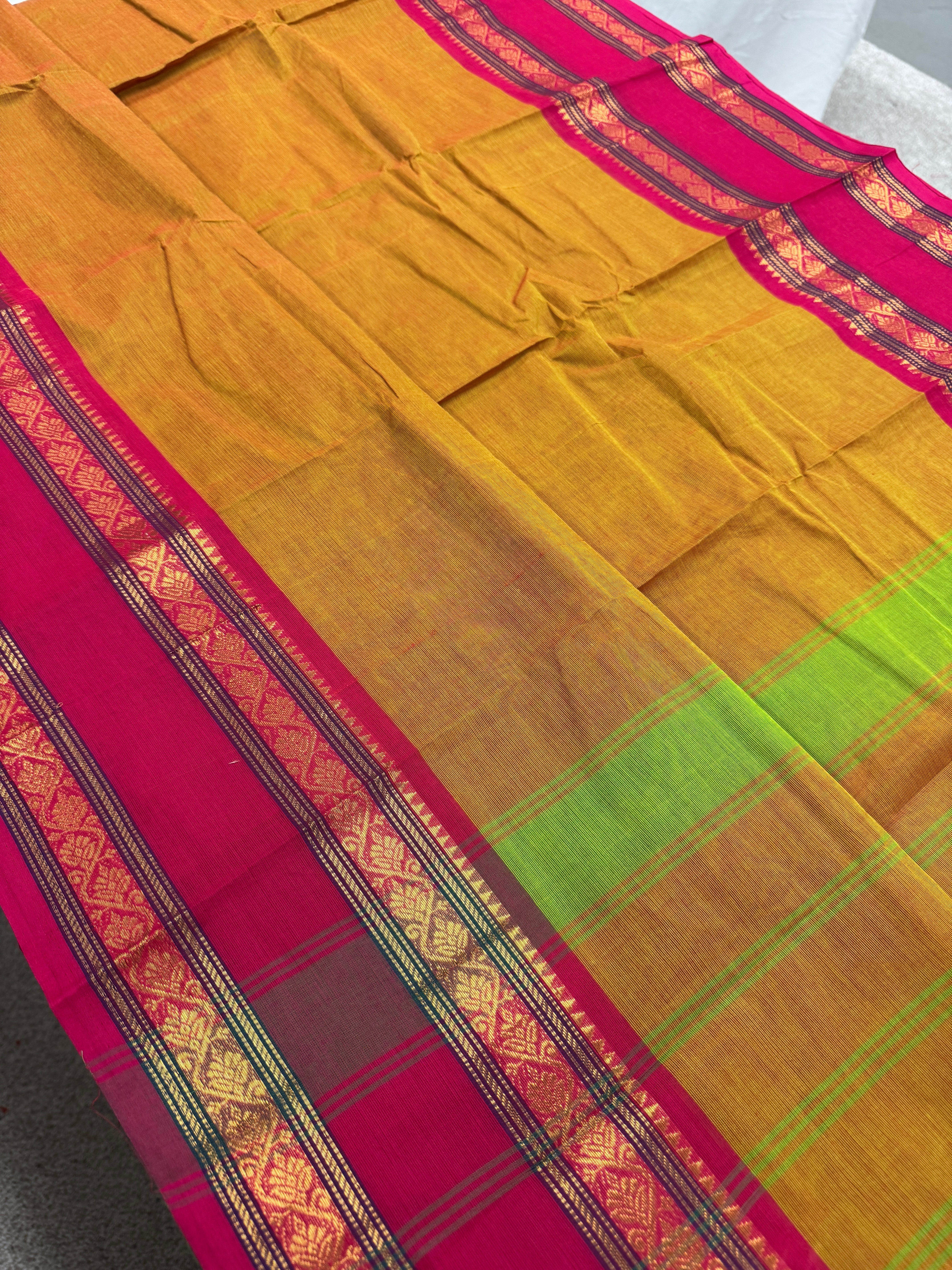 Vrinda : Handwoven Kanchi Cotton Saree in Orangish Yellow with Rani Pink