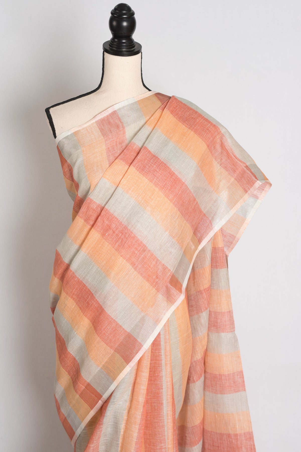 Priya : Pastel Orange and Powder Blue Lateral Striped Pure Linen Saree