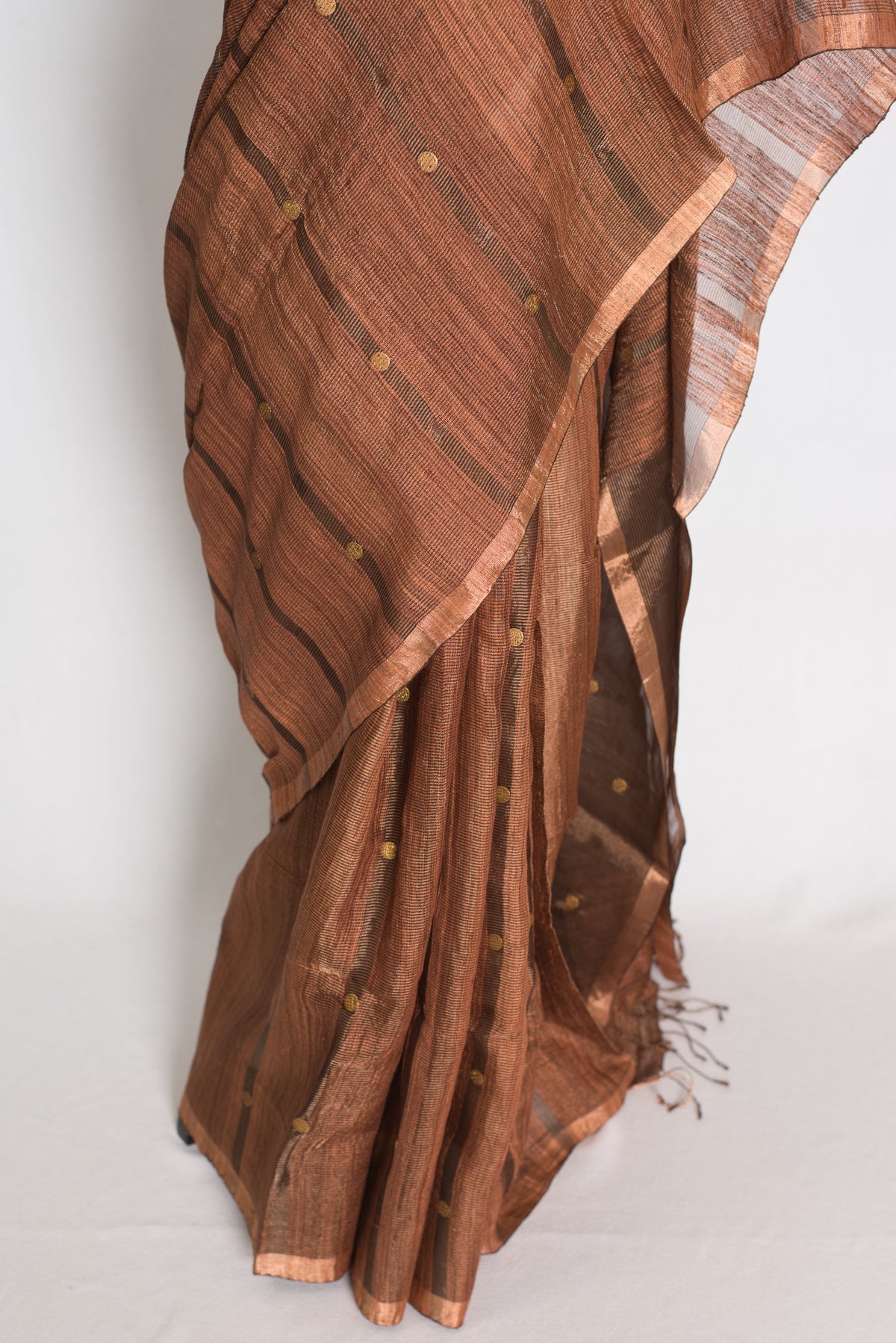 Bidisha Metallic Brown Pure Matka Tissue Bengali Handwoven Saree with Woven Gini