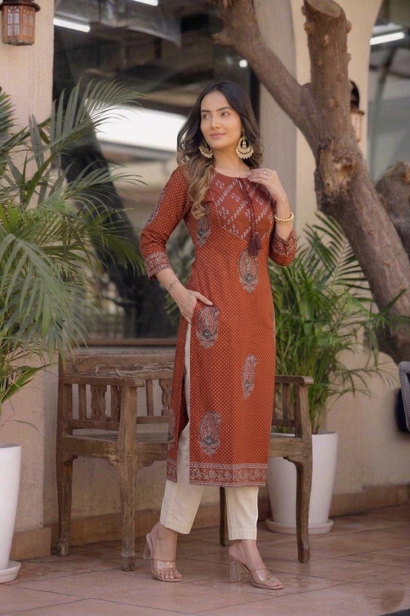 Elegant Rust Red Cotton KurtI Only