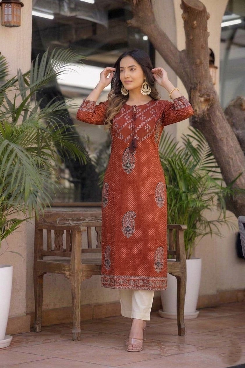 Elegant Rust Red Cotton KurtI Only