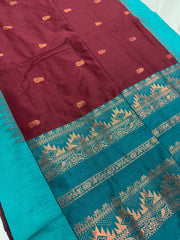 Pritha: Dark Brown and Sea Green Blended Cotton Gadwal Saree.