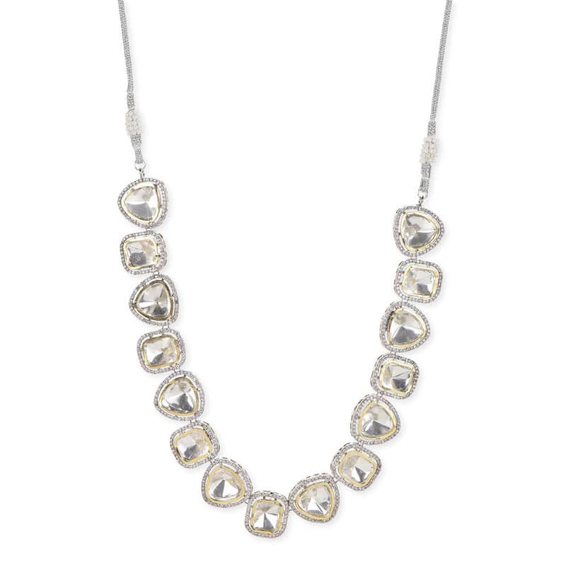 Beautiful 18k Foil Gold Plating Polki Kundan and Diamond Silver Necklace