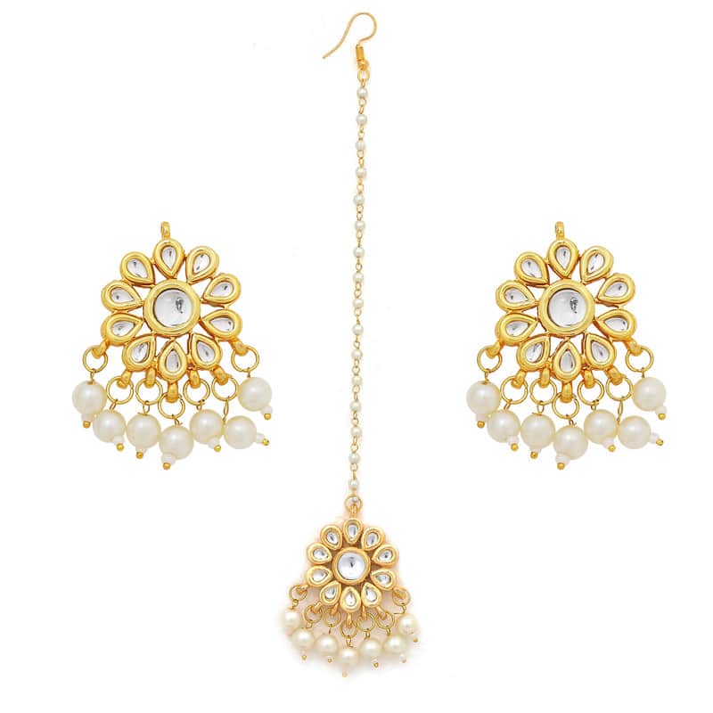 Beautiful Golden and White Kundan Floral Earrings With Maang Tikka Set
