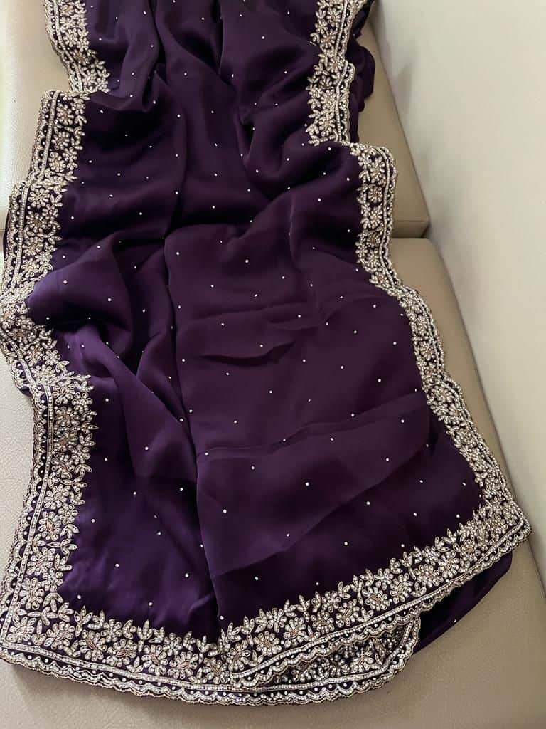 Beautiful Zardozi and Zarkan Work Crepe Satin Saree