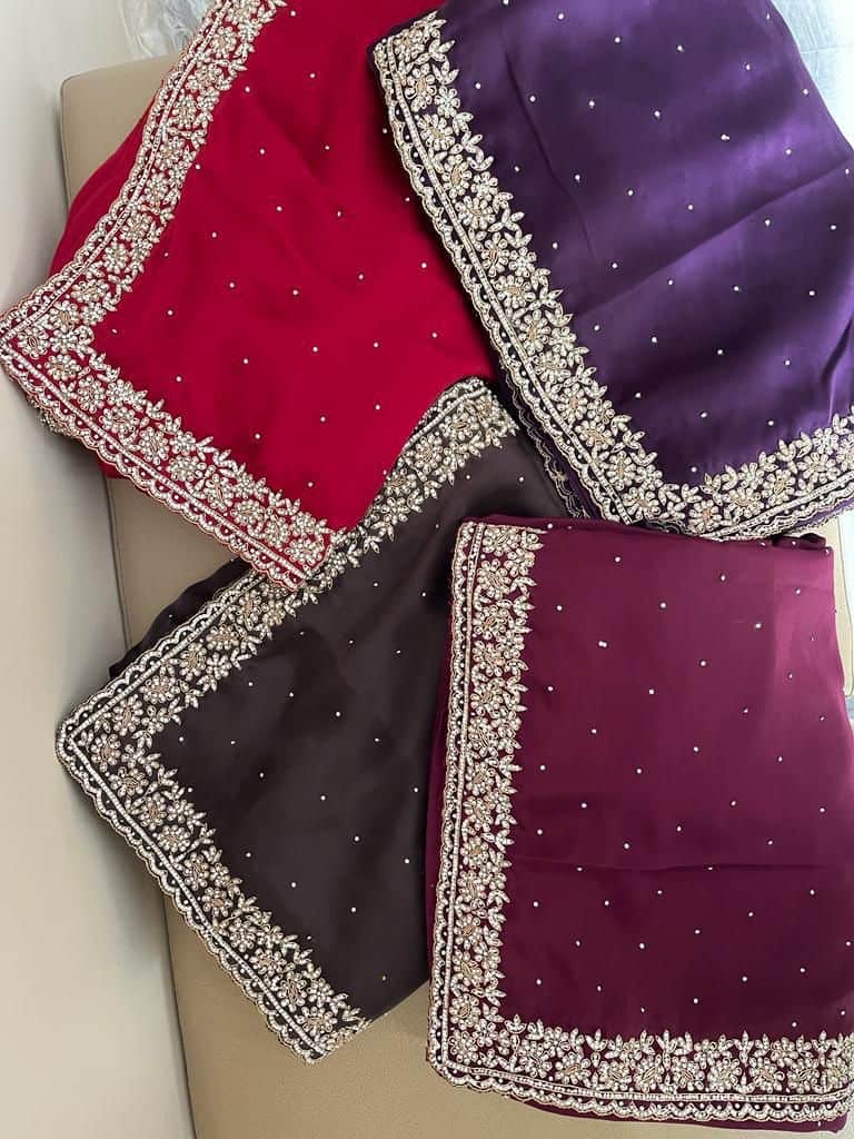 Beautiful Zardozi and Zarkan Work Crepe Satin Saree