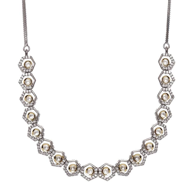 Beautifully Design Dual Tone Gold And Silver Choker With American Diamonds And Kundan