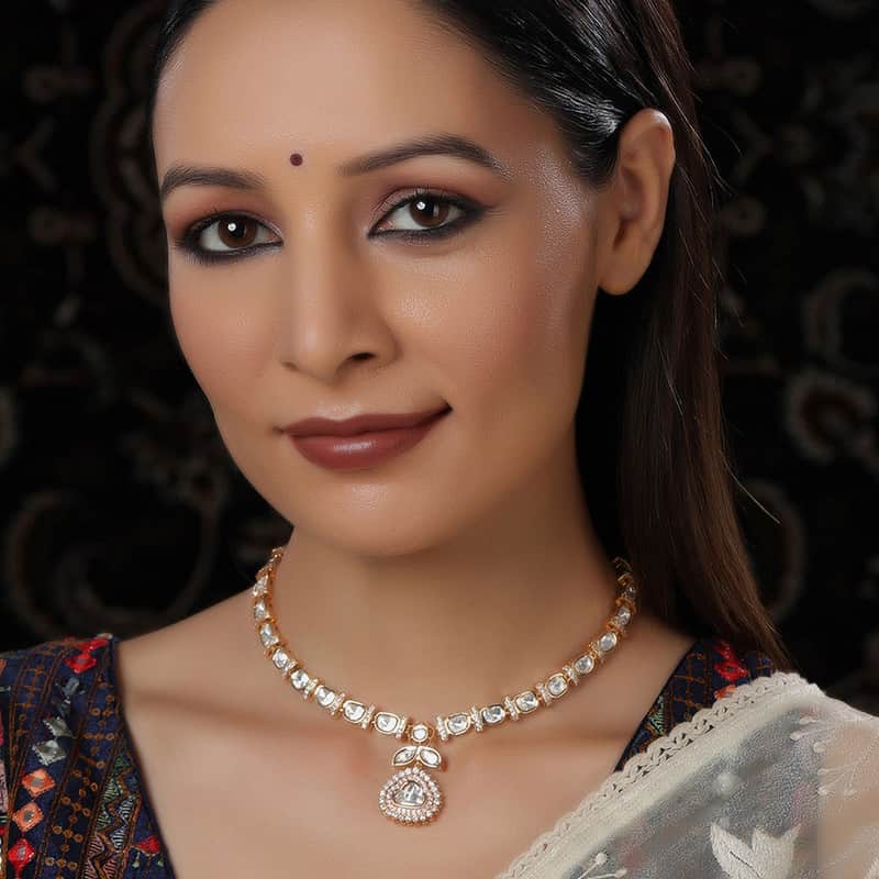 Beautifully Design Gold and American Pink Stone Center Piece Diamond Necklace