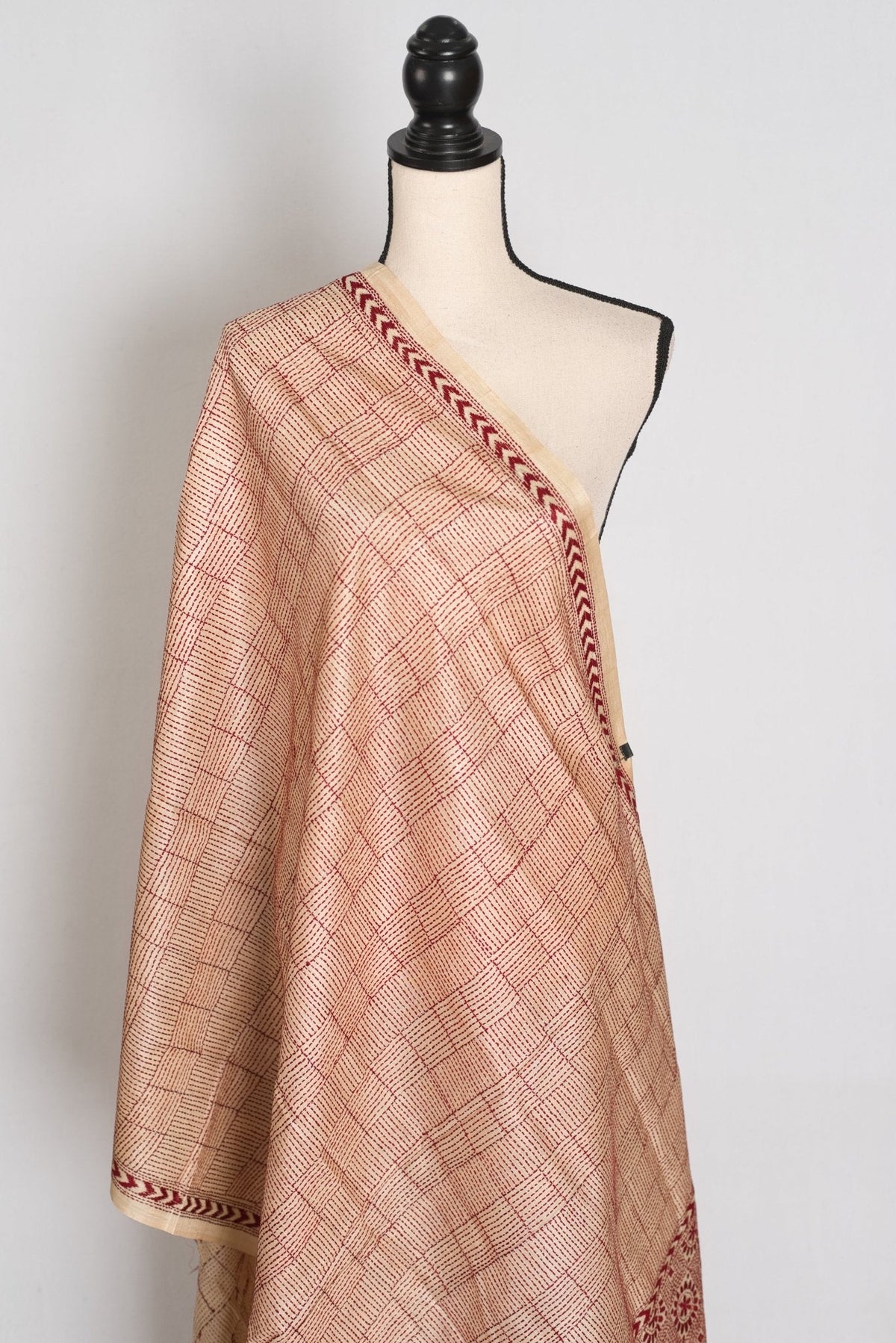 Bengal Kantha Stitch Deep Red Pure Tussar Silk Dupatta & Shawl - Rai