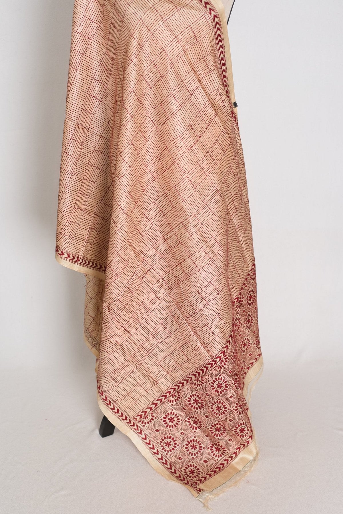 Bengal Kantha Stitch Deep Red Pure Tussar Silk Dupatta & Shawl - Rai