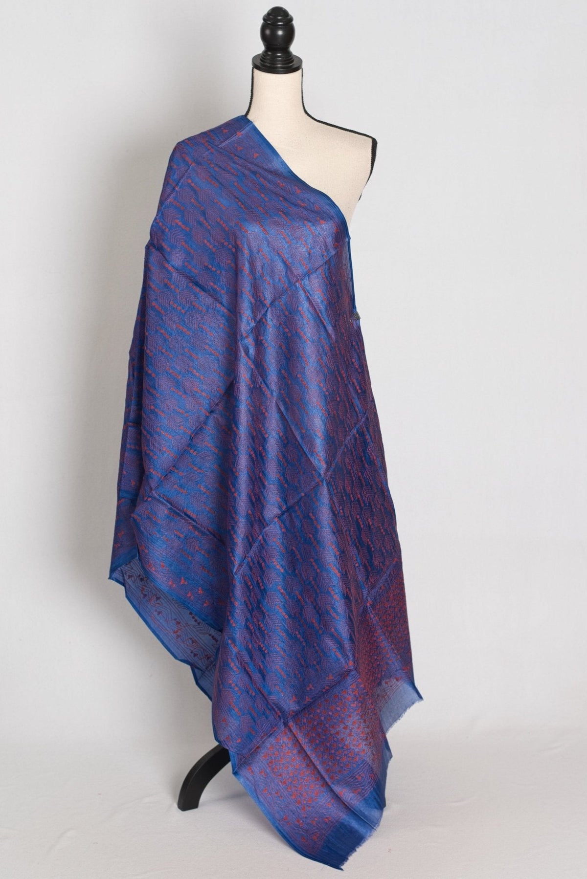 Bengal Kantha Stitch Red Threadwork Blue Tussar Silk Dupatta & Shawl | Mita