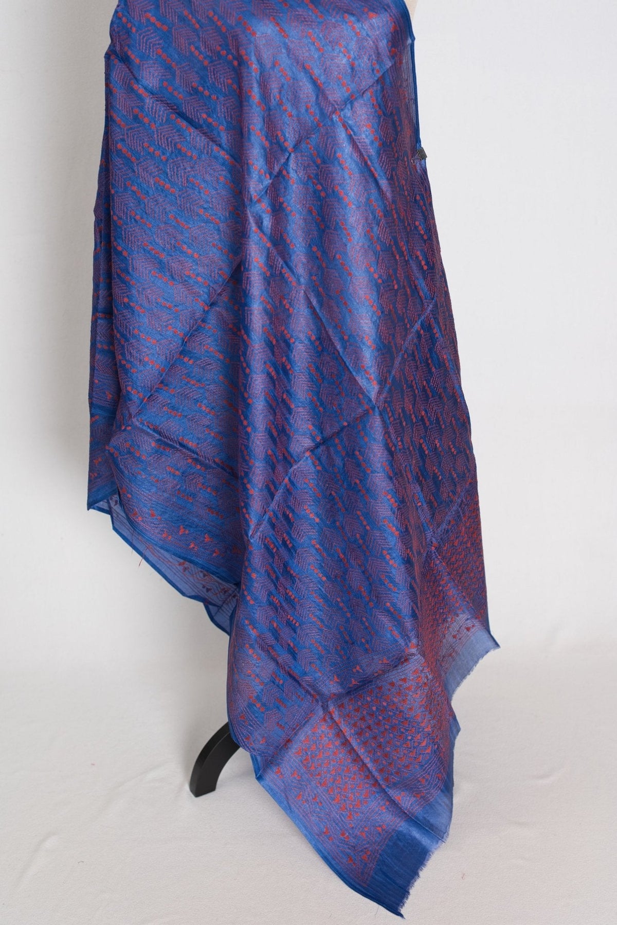 Bengal Kantha Stitch Red Threadwork Blue Tussar Silk Dupatta & Shawl | Mita