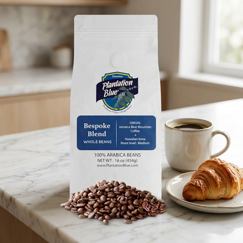 Plantation Blue Bespoke Jamaica Blue Mountain & Hawaiian Kona Coffee Blend, Whole Beans, 16 oz