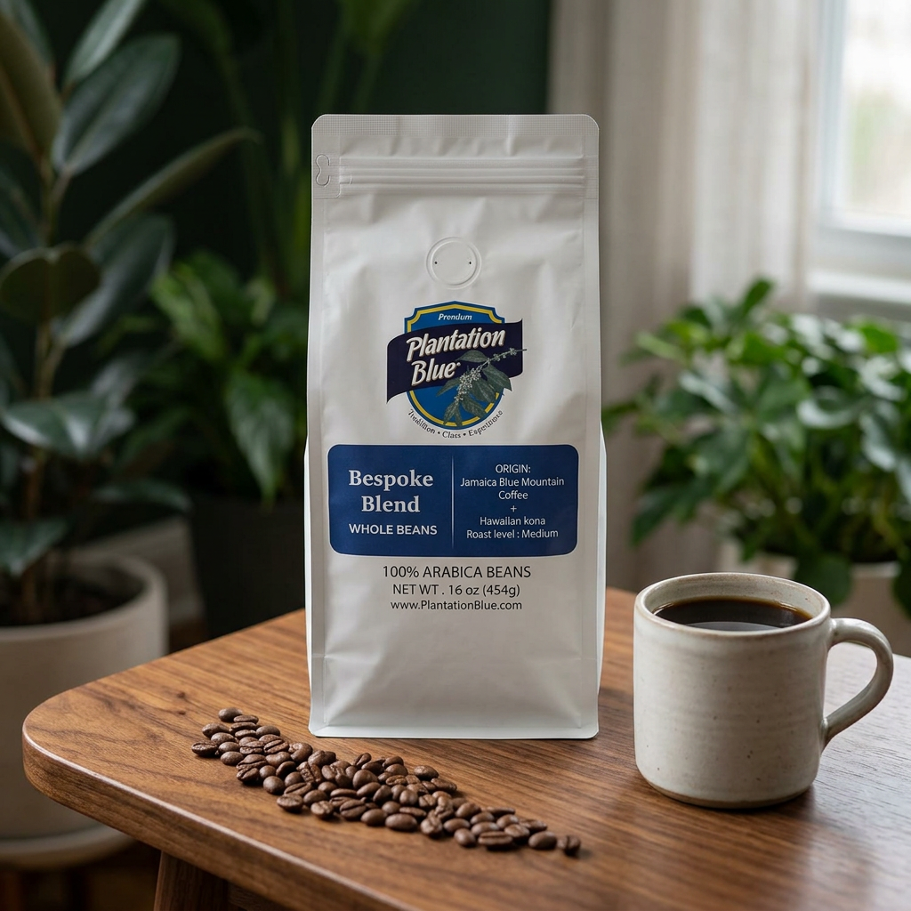 Plantation Blue Bespoke Jamaica Blue Mountain & Hawaiian Kona Coffee Blend, Whole Beans, 16 oz