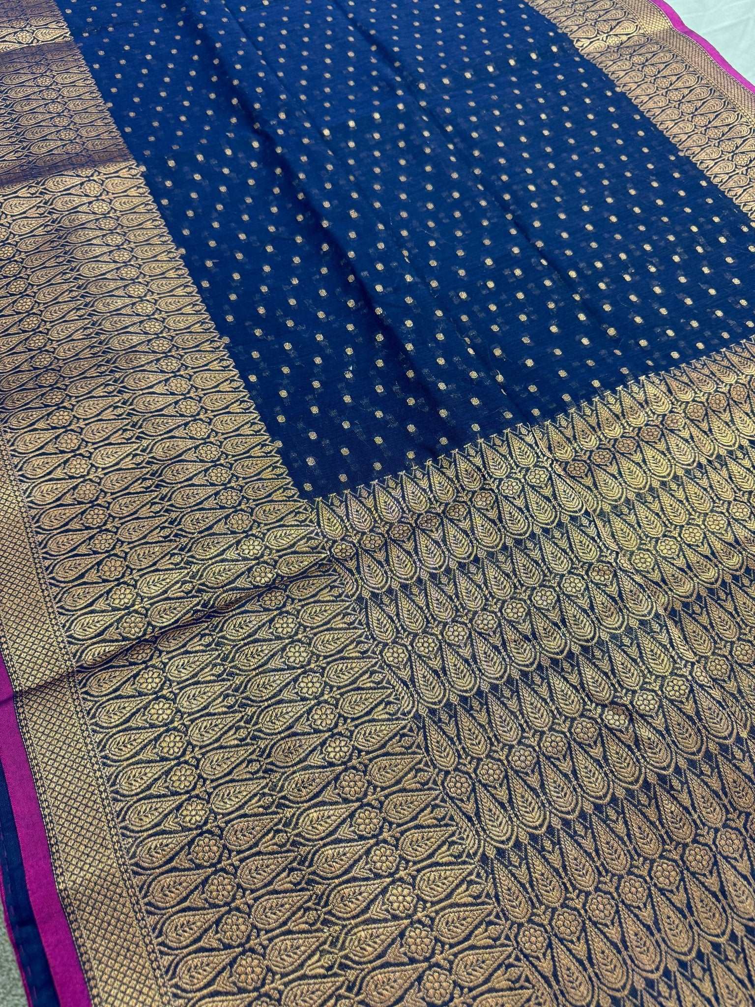 Blended Soft Cotton Silk Banarasi Saree in Dark Blue and Antique Gold