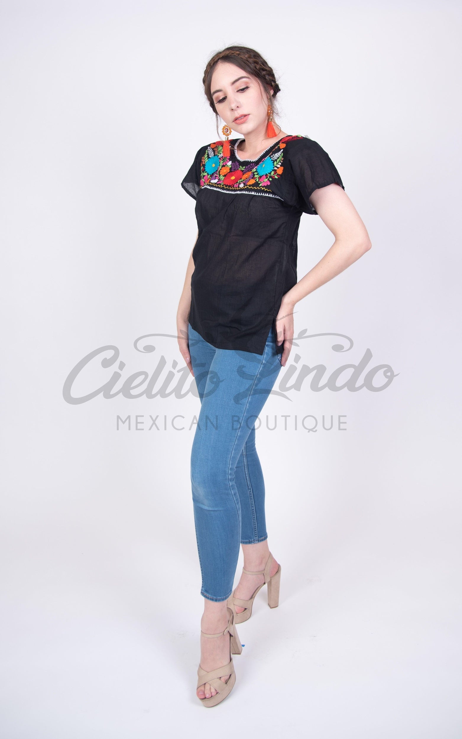 Mexican Tehuacan Embroidered Blouse Black