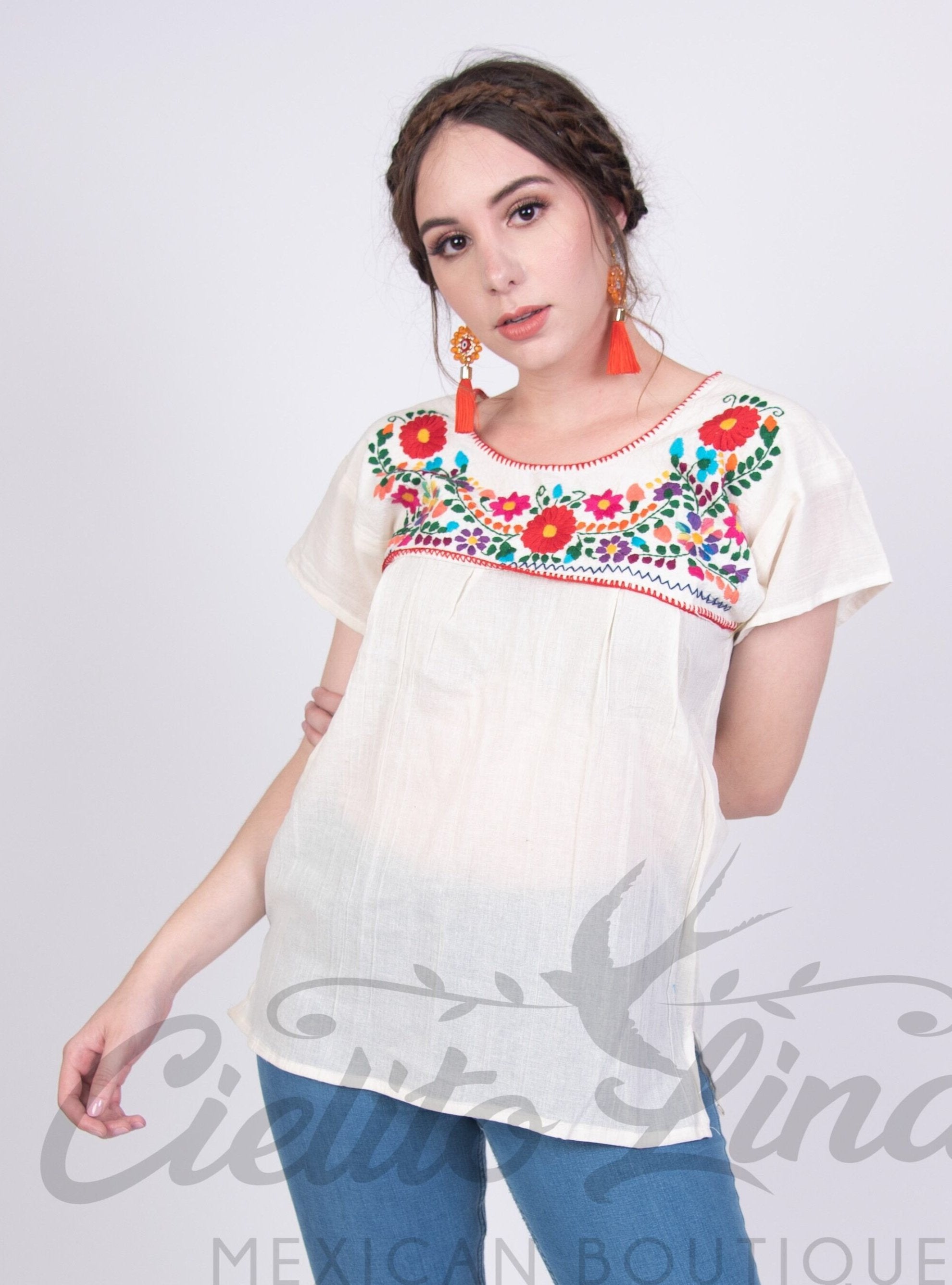 Mexican Tehuacan Embroidered Blouse Ivory