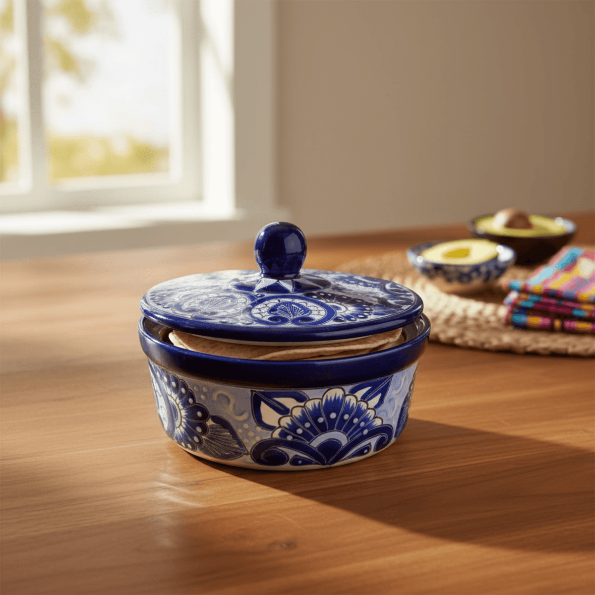 Blue & White Talavera Tortilla Warmer | Handmade Mexican Kitchenware