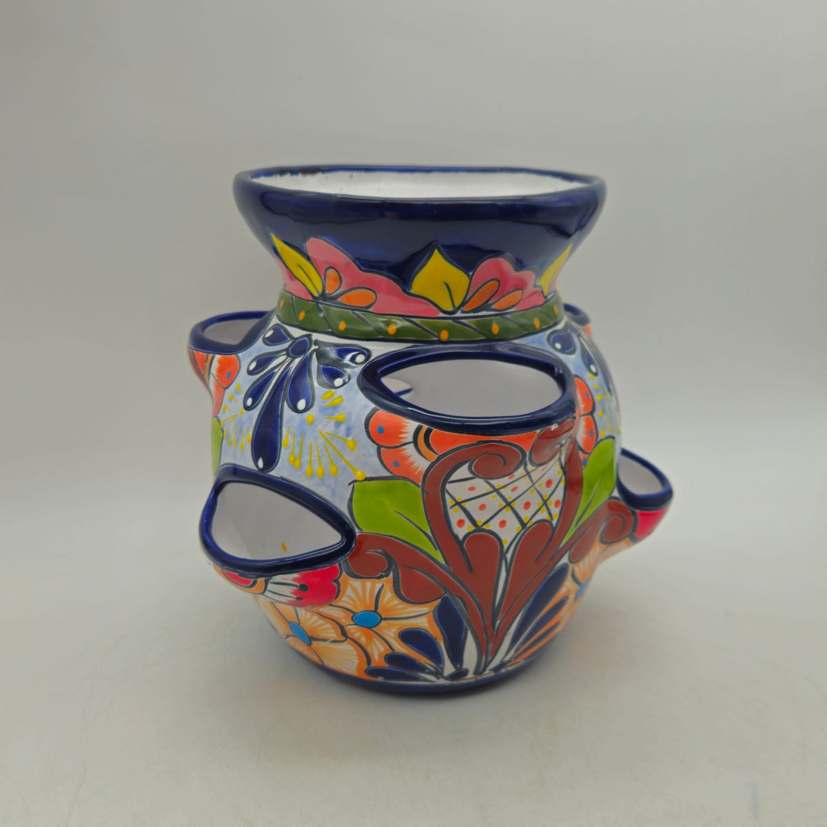 Blue Rim Talavera Strawberry Pot | Hand-Painted Mexican Planter