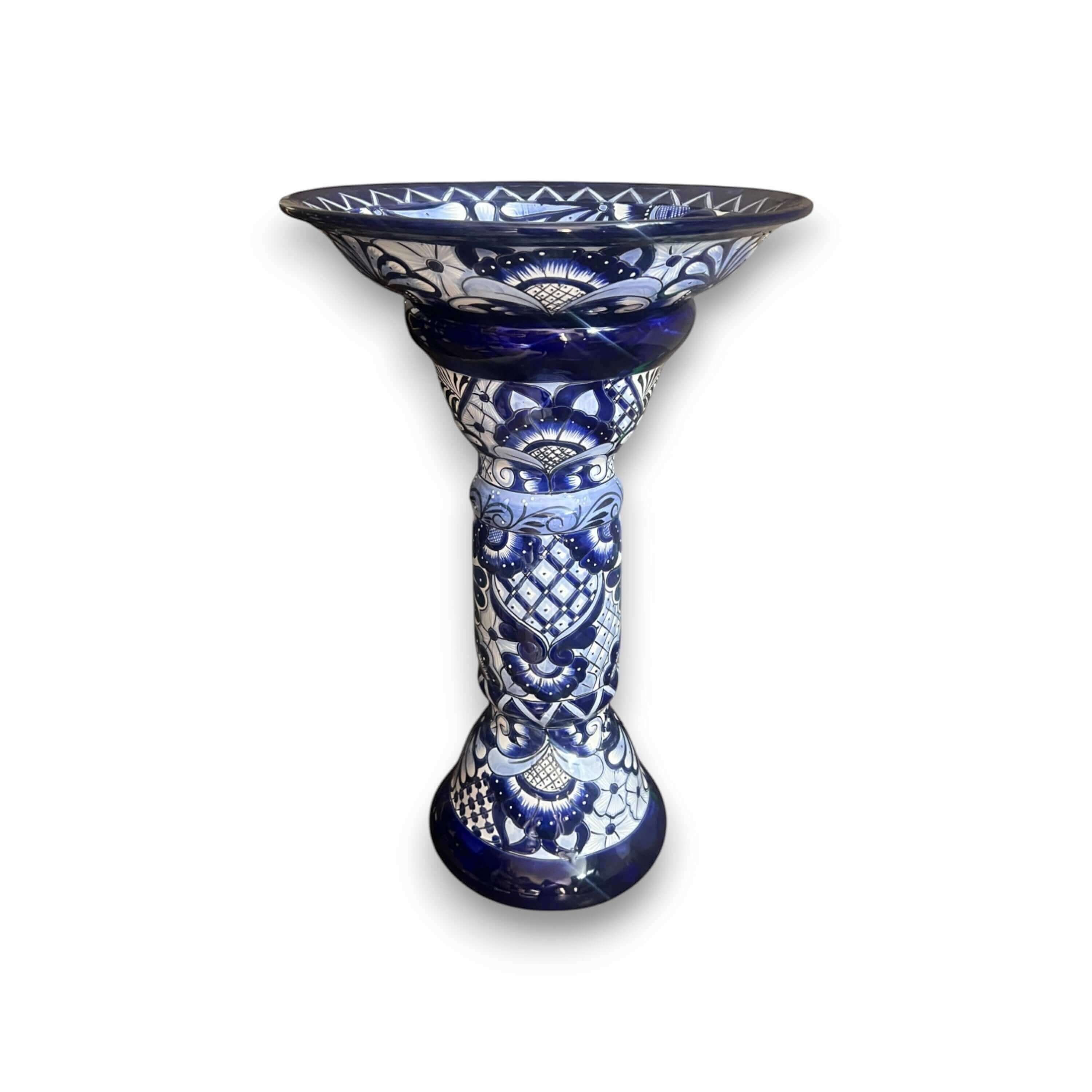 Blue & White Talavera Bird Bath | Mexican Garden Art
