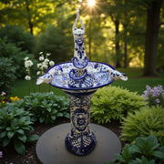 Blue & White Talavera Frog Fountain with Rim Birds | Mexican Garden