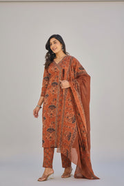 Be Unique Wear Brand Traditional Rust Cotton Printed 3-Piece Kurta Set for Women