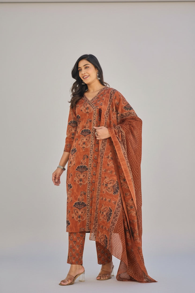 Be Unique Wear Brand Traditional Rust Cotton Printed 3-Piece Kurta Set for Women