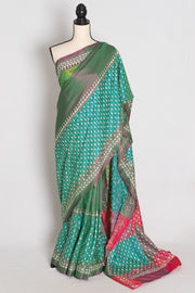 Damini : Green Semi Silk Kantha Embroidery Saree with 42 Size Stitched Blouse