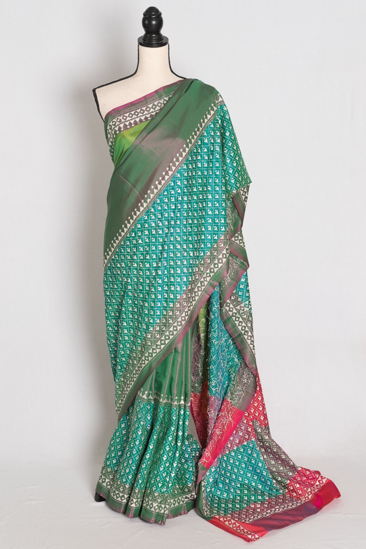 Damini : Green Semi Silk Kantha Embroidery Saree with 42 Size Stitched Blouse