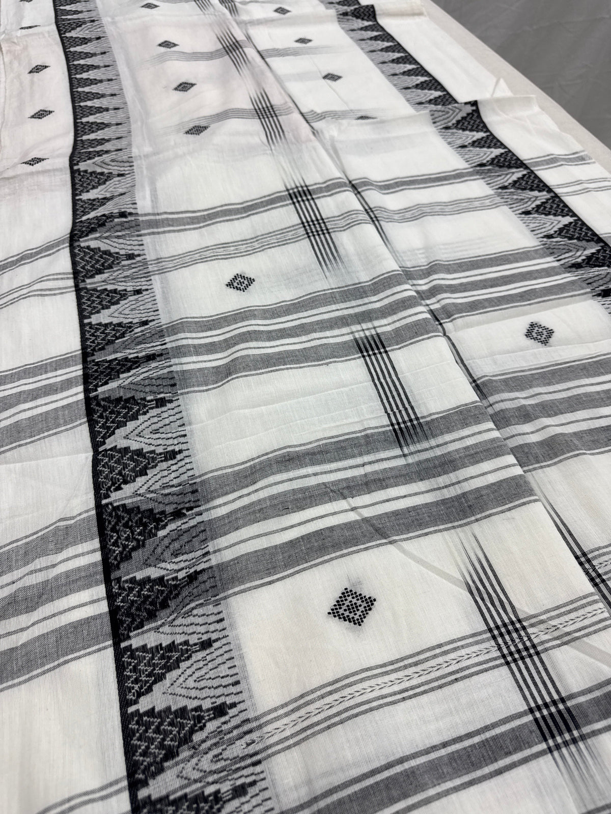 Maya : Off White and Black Soft Cotton Dhaniakhali Saree with Temple Border