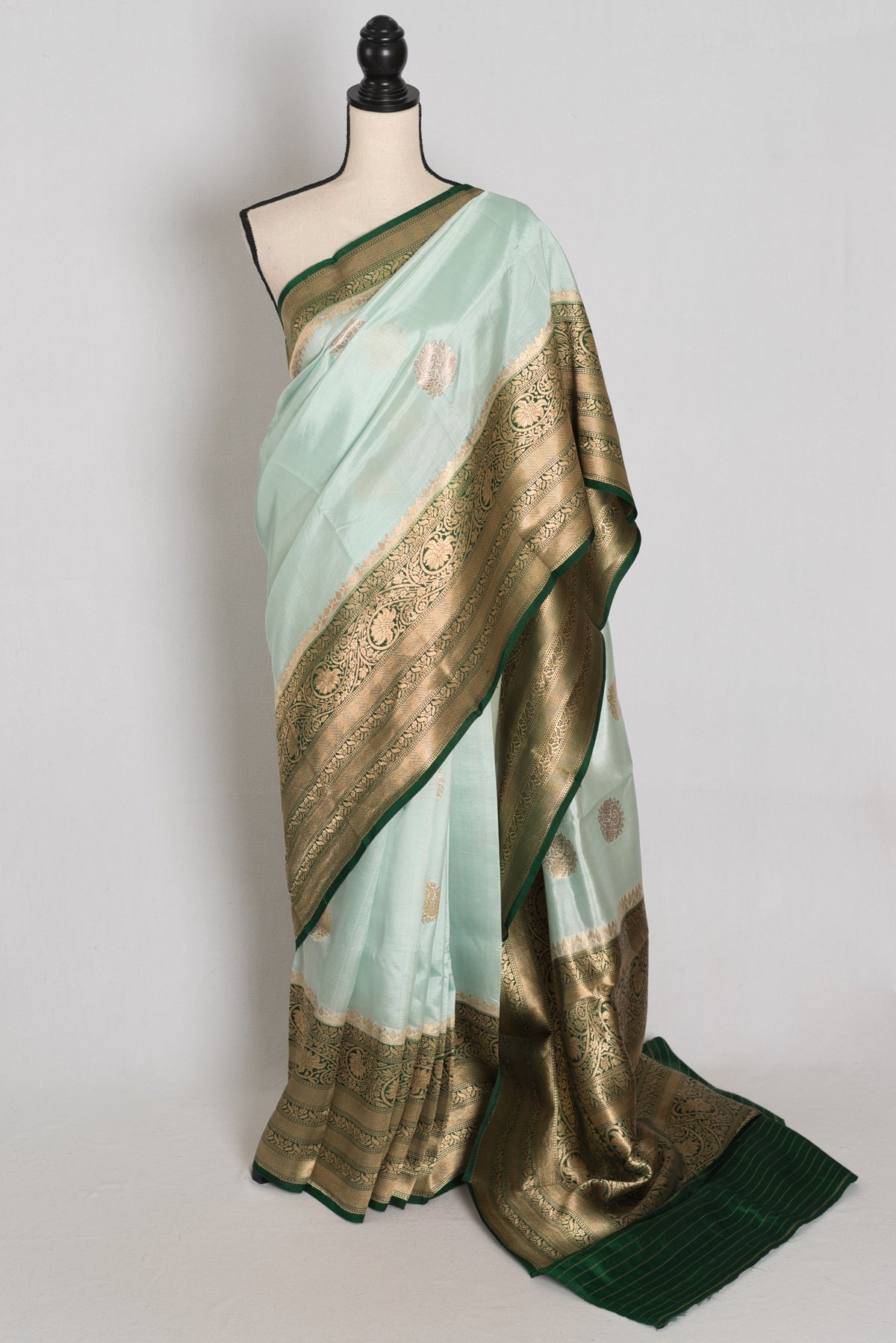Anisha : Mint Green and Bottle Green Satin Pure Silk Banarasi Saree | Silk Mark