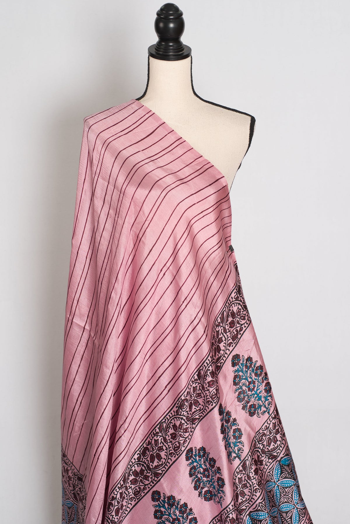 Archana : Soft Pink and Black Hand Block Printed Murshidabad Silk Saree