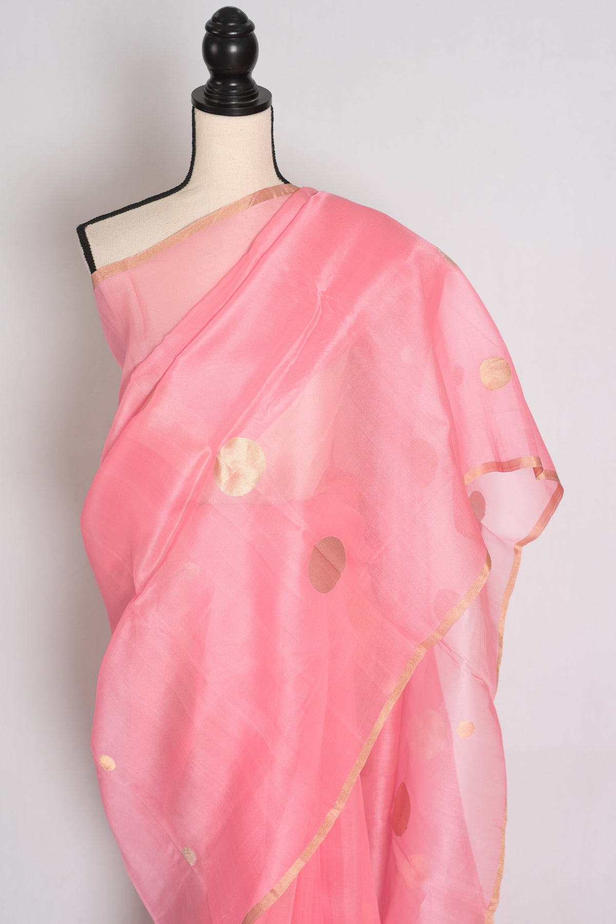Priya : Pink and Gold Kora Silk Banarasi Saree with Polka Dots