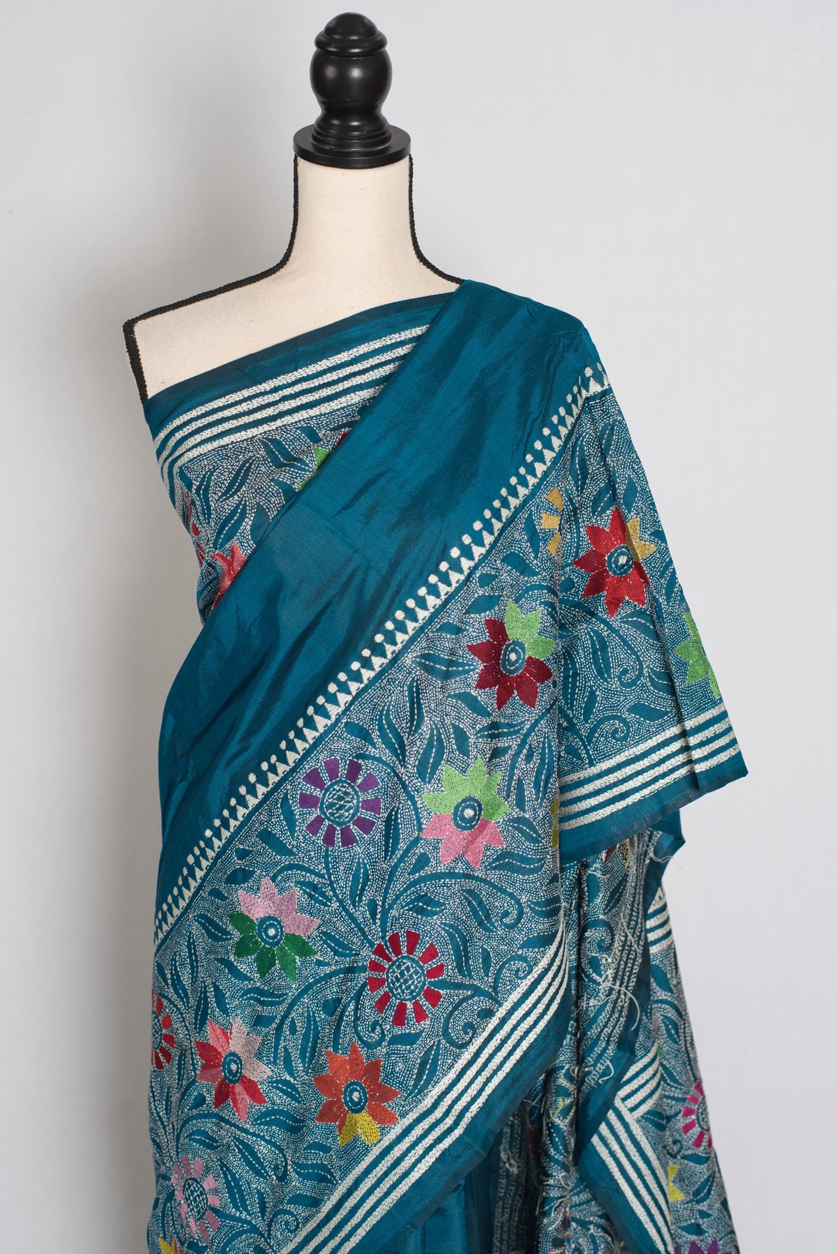 Dhriti : Teal Blue Hand Embroidered Kantha Stitch Pure Bangalore Silk Saree