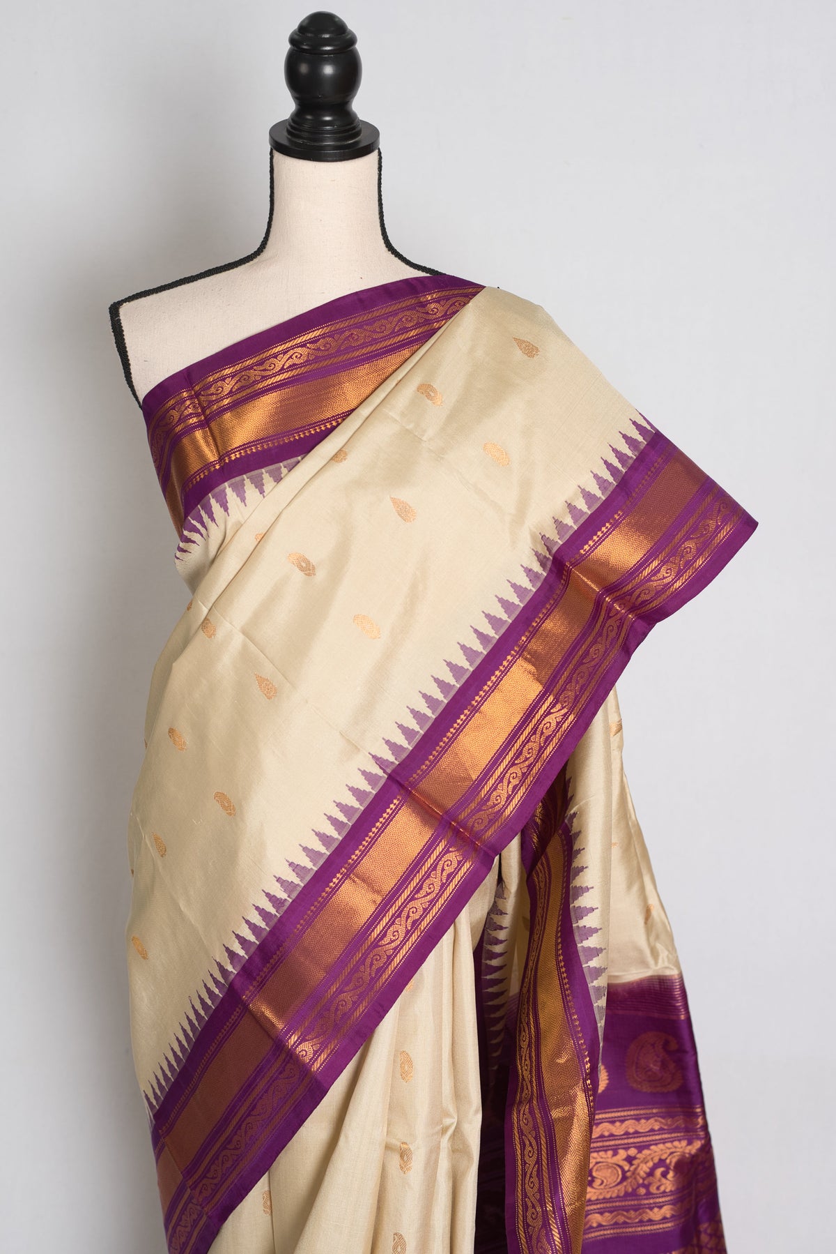 Sree : Clay White and Purple Handwoven Gadwal Silk Saree with Gold Zari