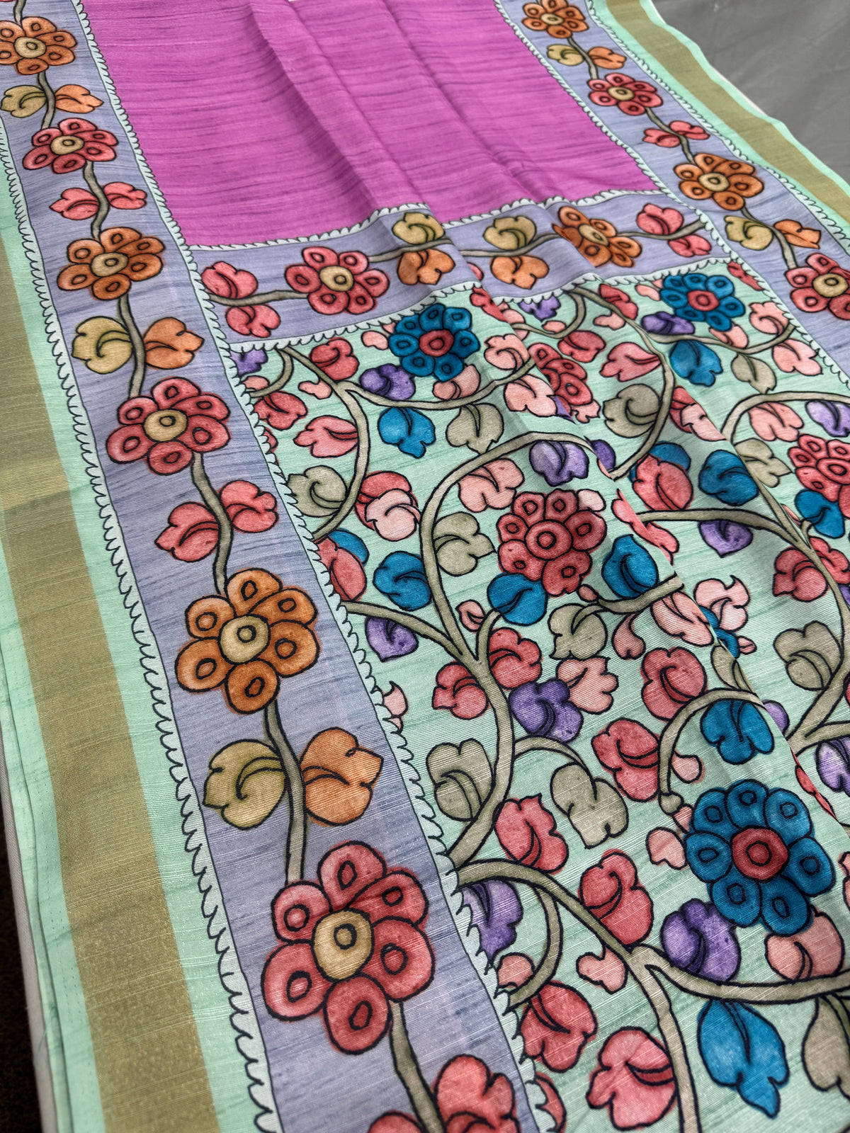 Neha: Vibrant Pink & Grey Semi Tussar Silk Saree | Floral Kalamkari Print