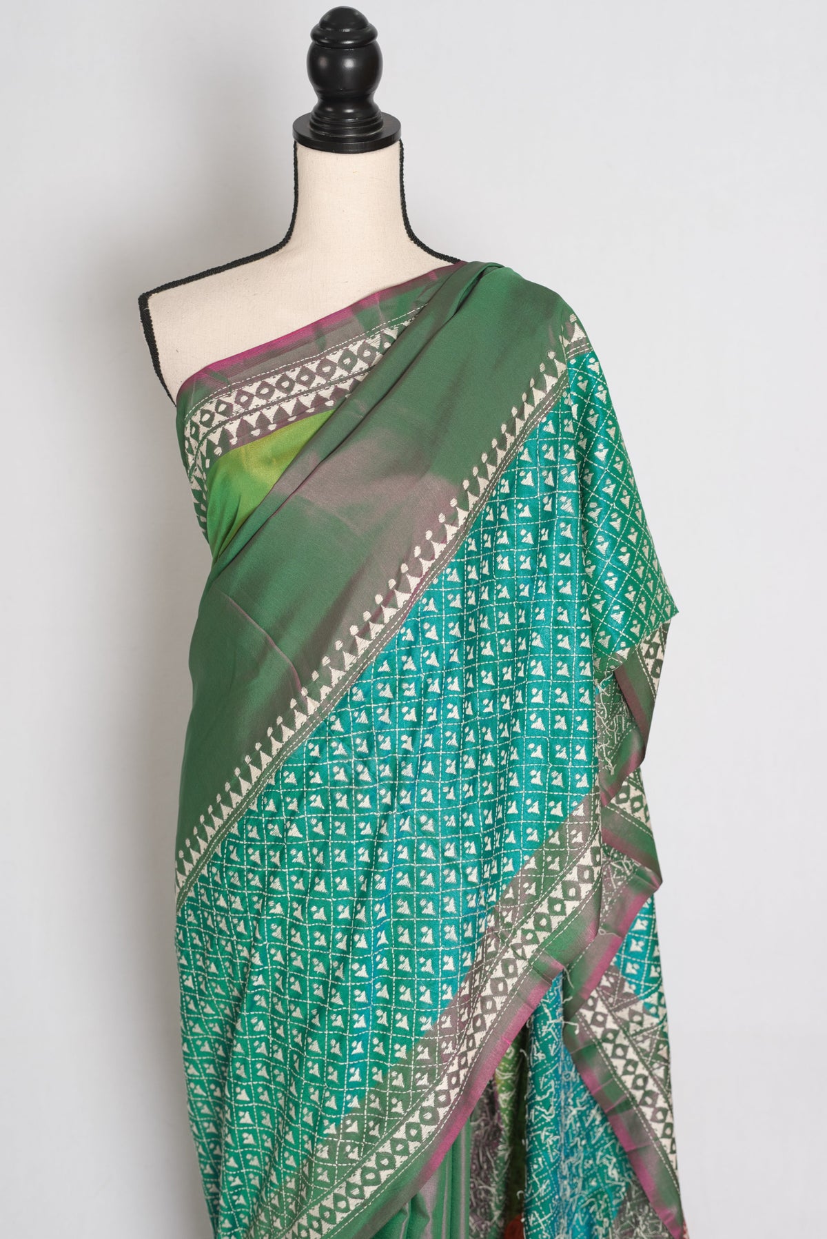 Damini : Green Semi Silk Kantha Embroidery Saree with 42 Size Stitched Blouse