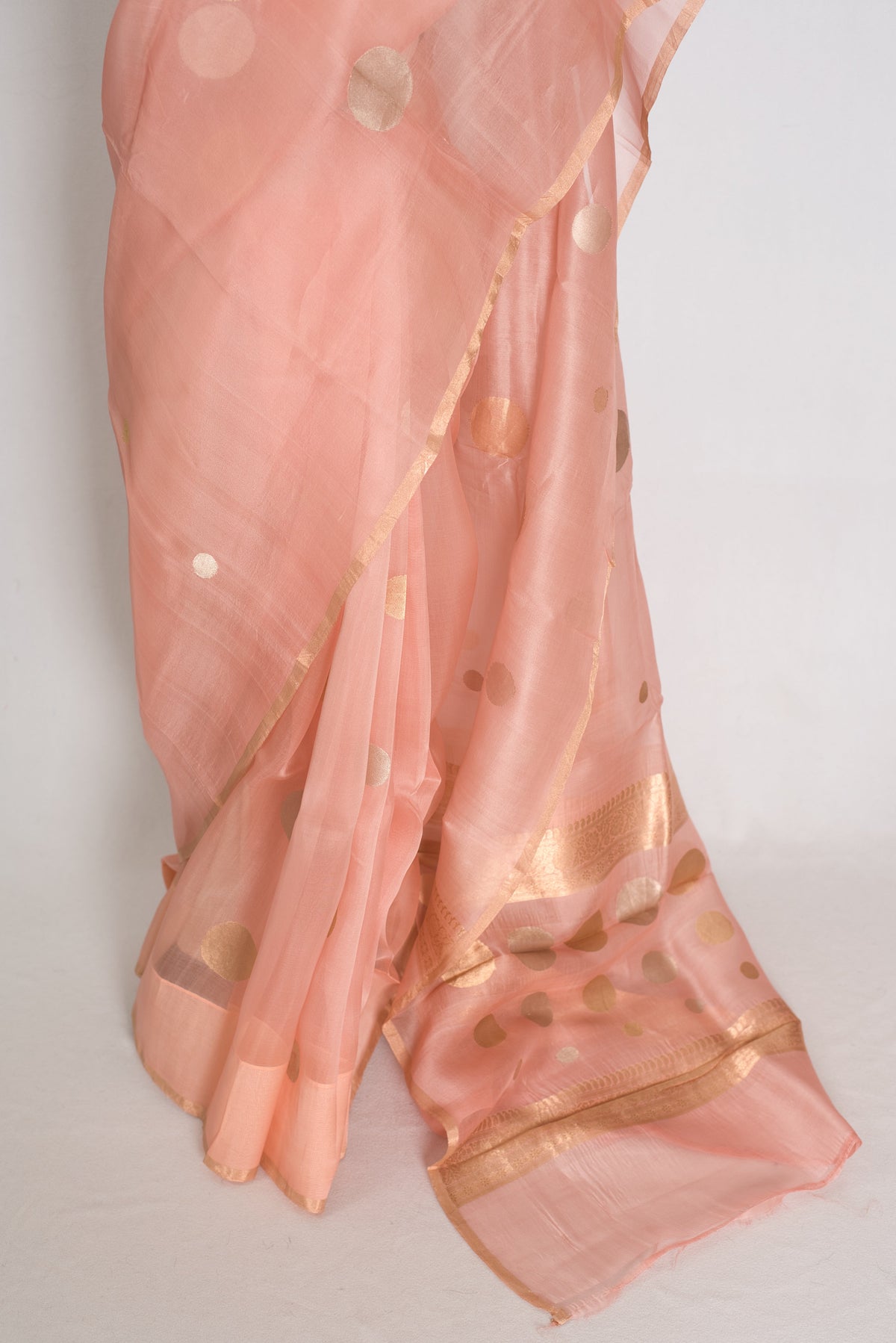 Medha : Peachy Pink Polka Dot Handwoven Kora Banarasi Silk Saree | Silk Mark