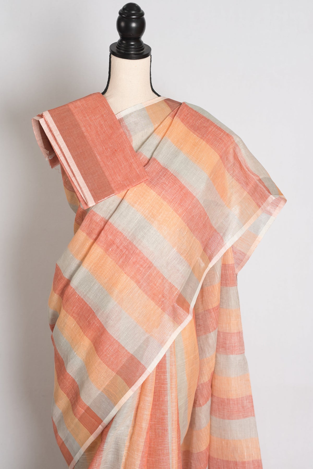 Priya : Pastel Orange and Powder Blue Lateral Striped Pure Linen Saree