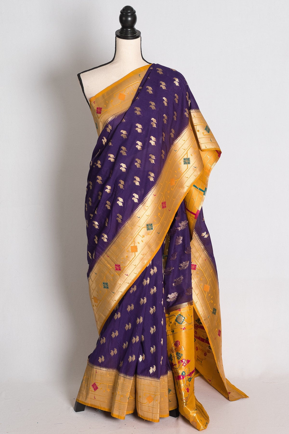 Parul: Purple and Yellow Paithani Inspired Semi Silk Saree