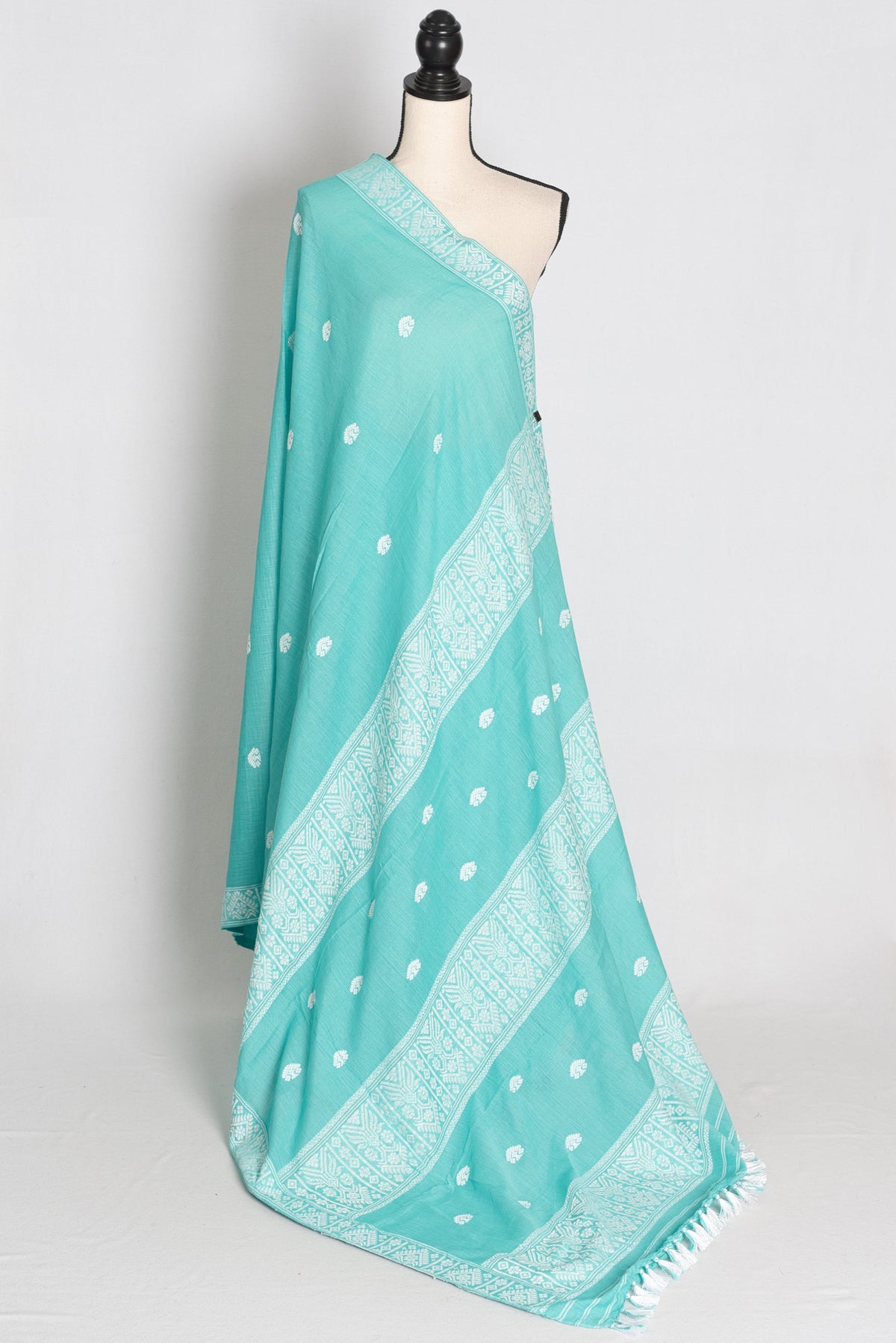 Ashmi : Sea Green & White Soft Pure Cotton Handloom Assamese Saree
