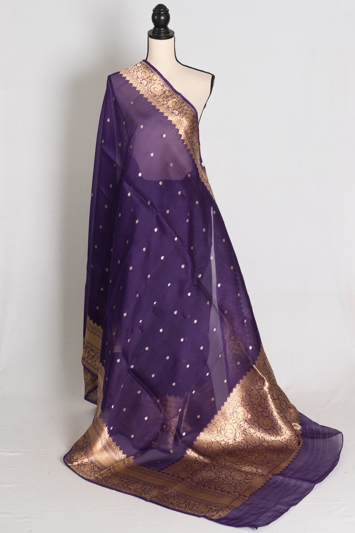Aparna : Purple and Gold Pure Kora Organza Banarasi Silk Saree with Zari Booti