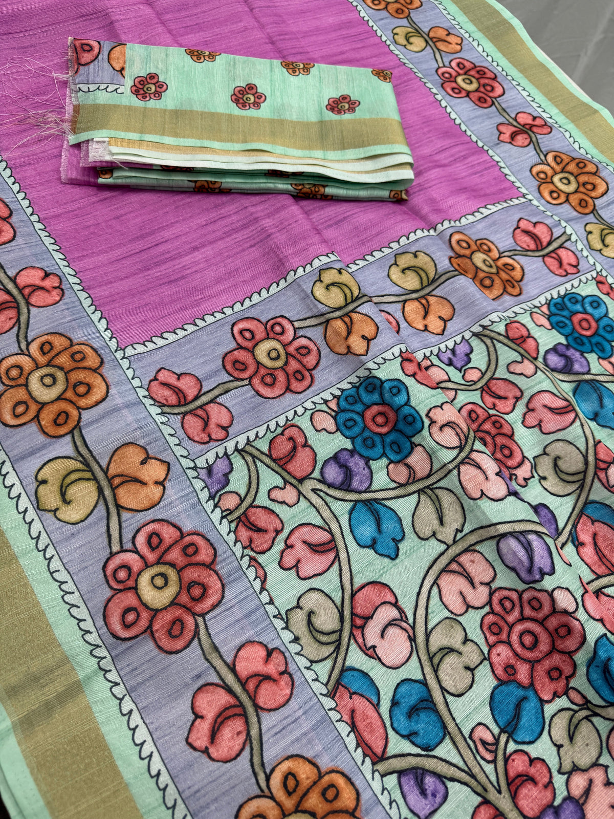 Neha: Vibrant Pink & Grey Semi Tussar Silk Saree | Floral Kalamkari Print