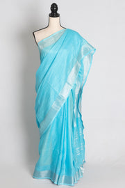 Arusi : Sky Blue Pure Linen Saree with Silver Zari Border