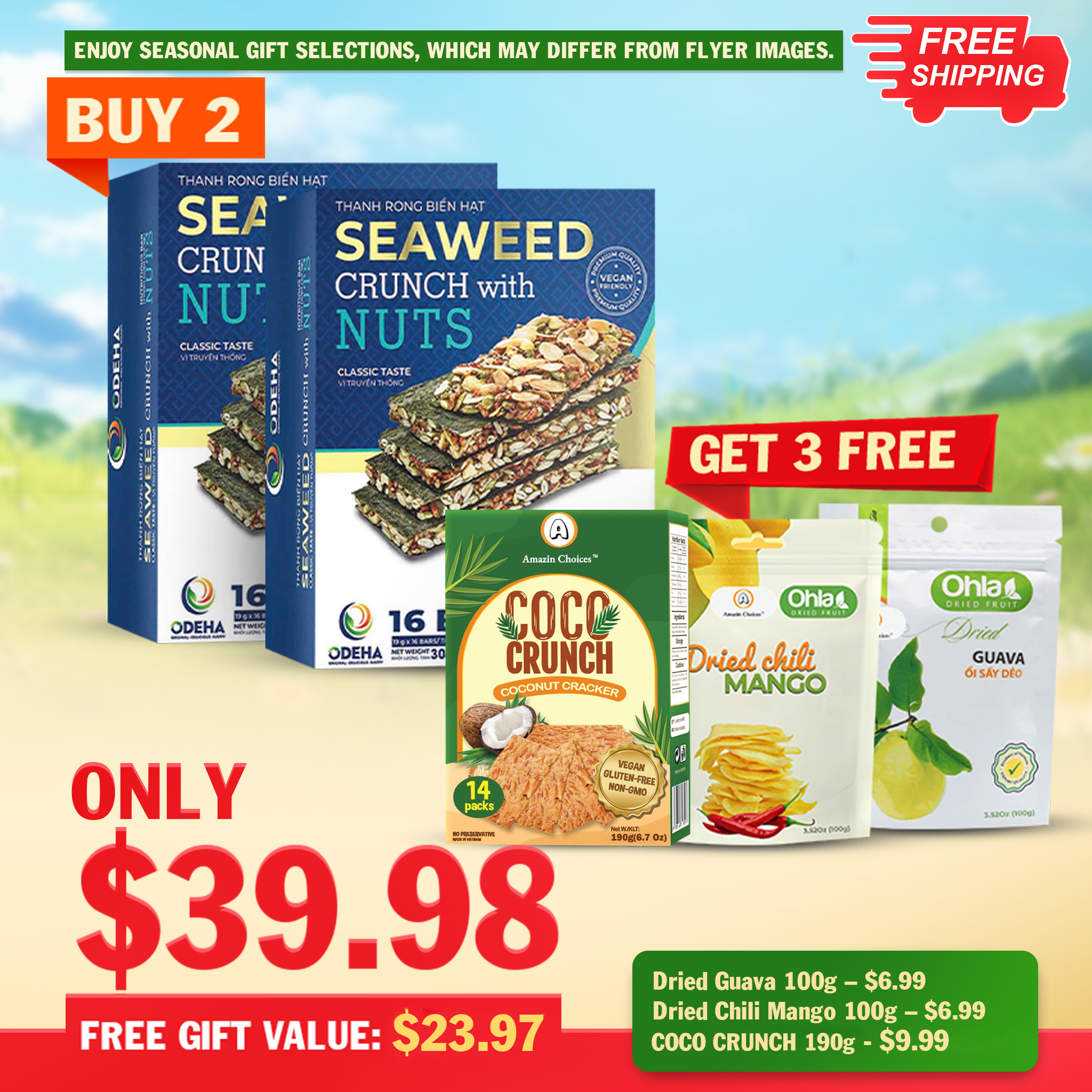 Amazin Choices Premium Seaweed Crunch with Nuts, 2 Boxes (32 Bars) – Gifts: Dried Guava, Coconut Cracker & Dried Chili Mango