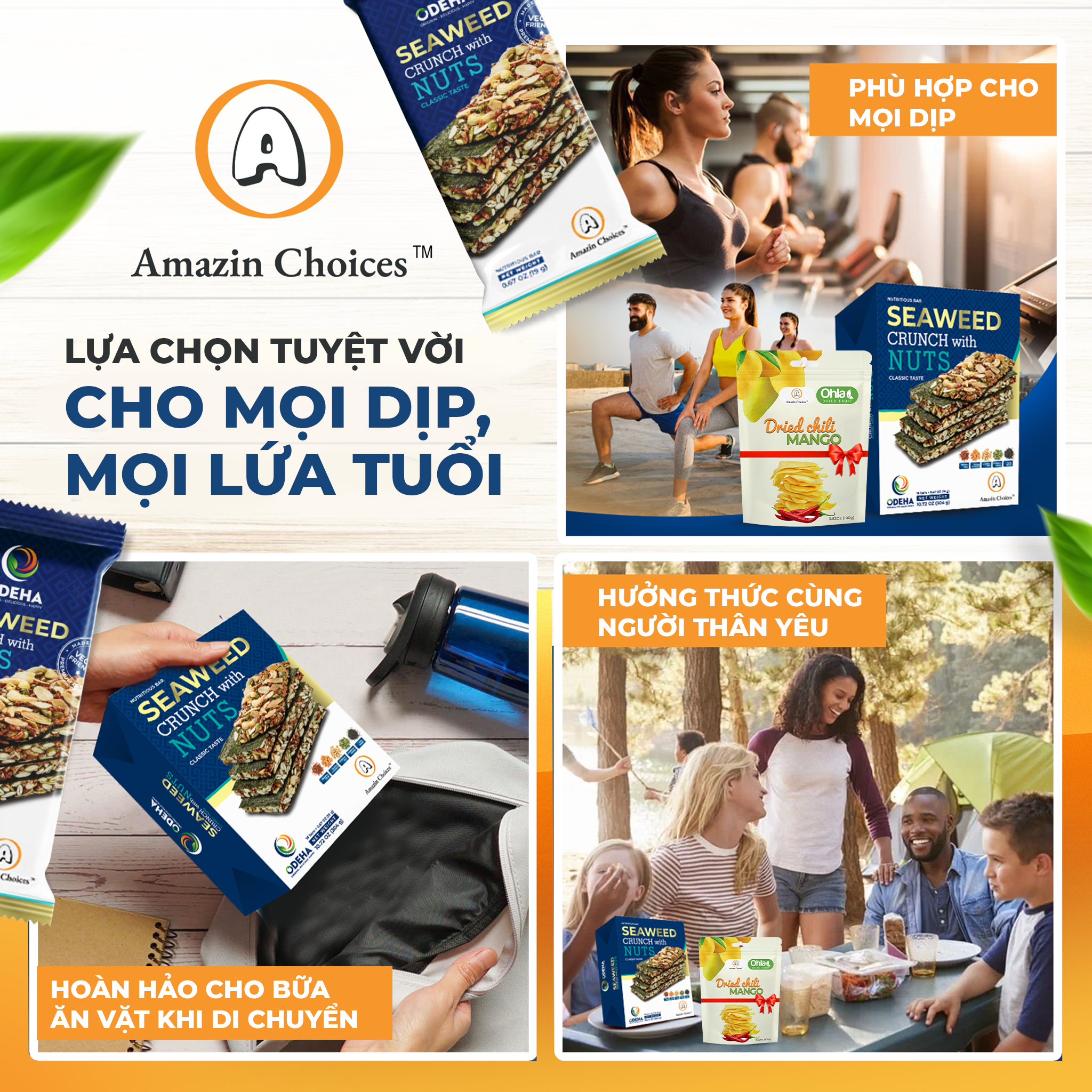 Amazin Choices Premium Seaweed & Nut Snack Bars (16 Bars) – Vegan Snack with Complimentary 100g Soft Dried Spicy Mango