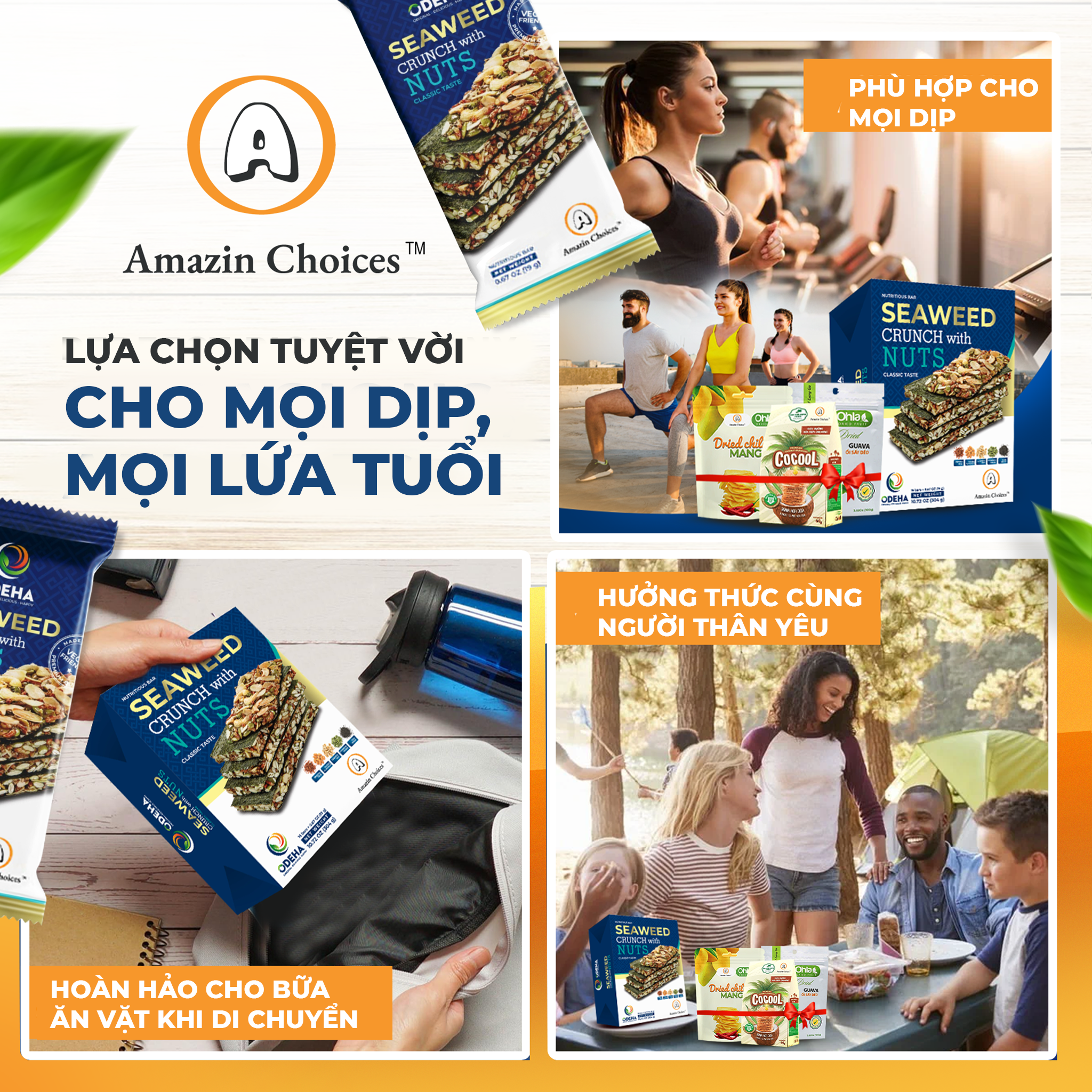 Amazin Choices Premium Seaweed & Nut Snack Bars (2 Boxes, 32 Bars) with a Curated Vietnamese Snack Collection: Soft Dried Spicy Mango, Soft Dried Guava & Toasted Coconut Crackers
