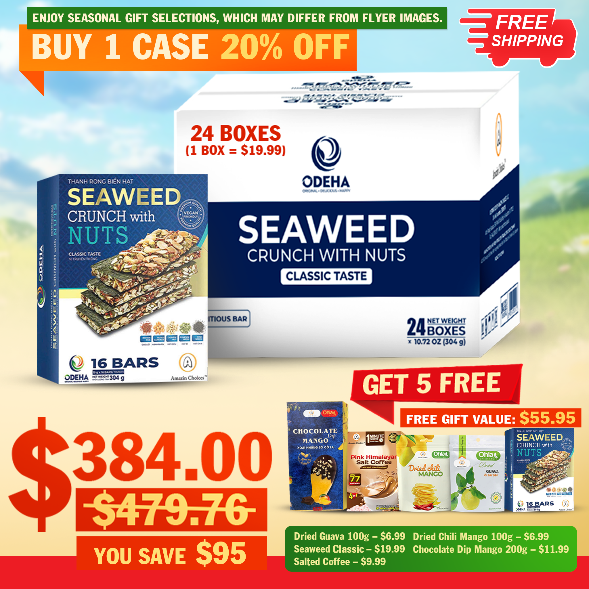 Amazin Choices Premium Seaweed & Nut Snack Bars (2 Boxes, 32 Bars) with a Vietnamese Snack Gift Set: Soft Dried Spicy Mango, Soft Dried Guava & Coconut Crisps