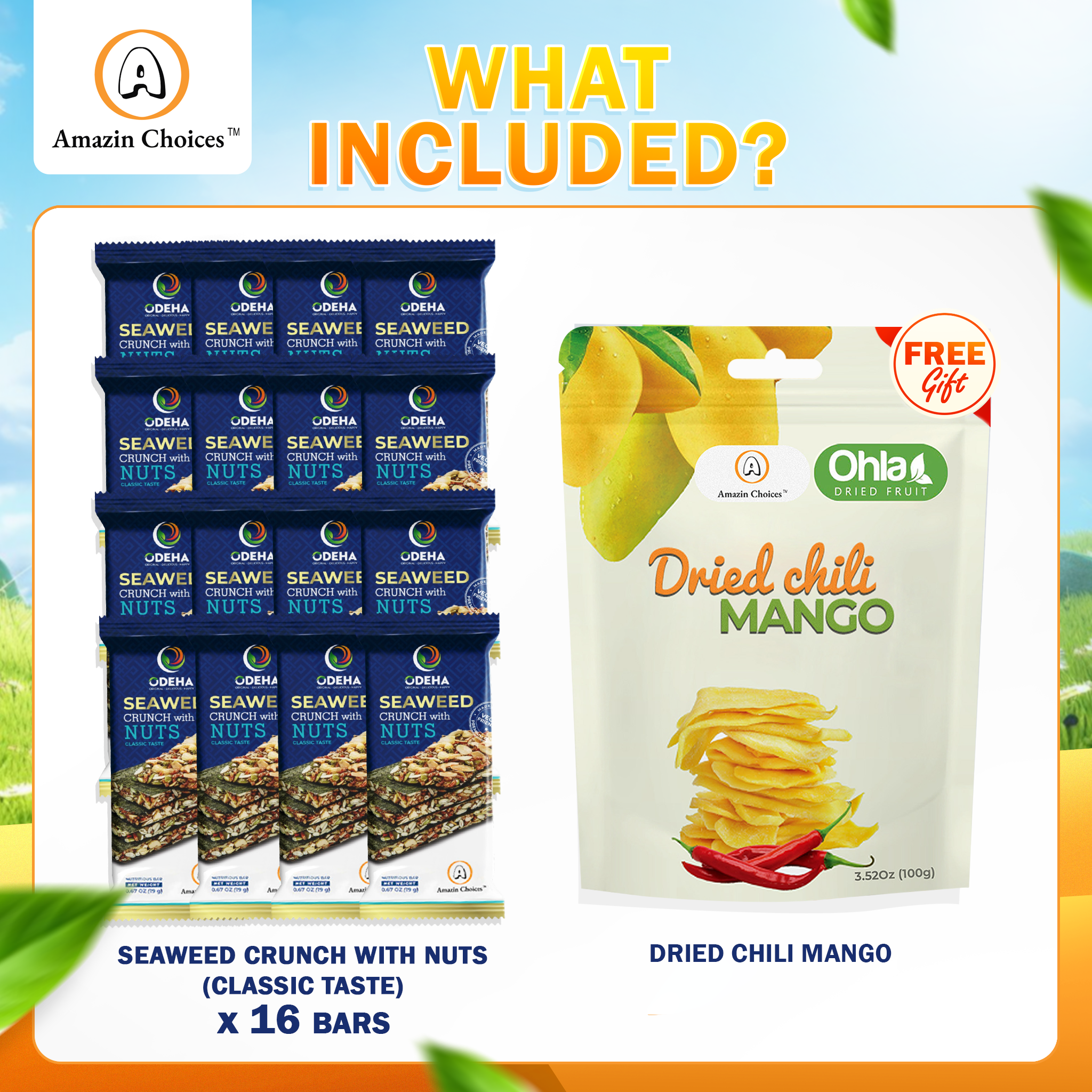 Amazin Choices Premium Seaweed Crunch with Nuts (16 Bars) – Healthy Vegan Snack – Dried Chili Mango 3.52oz