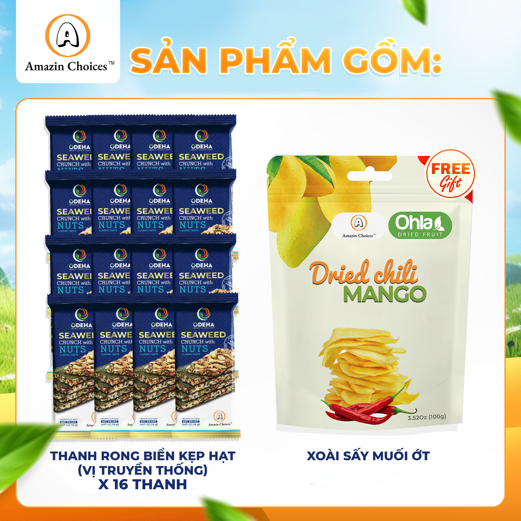 Amazin Choices Premium Seaweed & Nut Snack Bars (16 Bars) – Vegan Snack with Complimentary 100g Soft Dried Spicy Mango